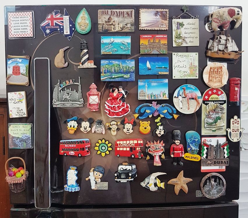 Collection of fridge magnets, magnets, from various parts of the world